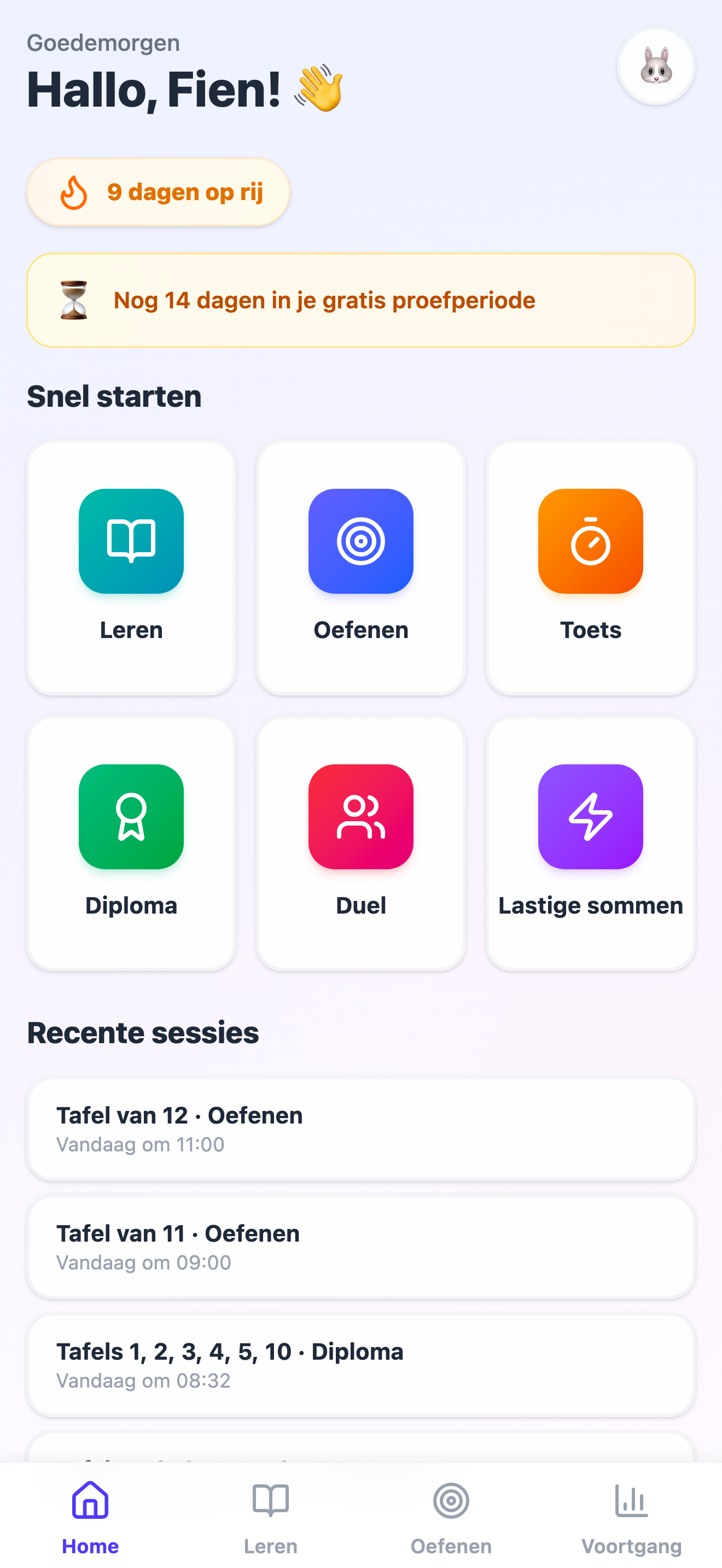 Het startscherm van de app, met Snel starten en de tegels Leren, Oefenen, Toets, Diploma en Duel